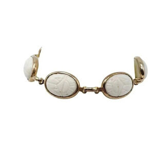 White Milk Glass Scarab Link Bangle Bracelet Fold Over Clasp Gold Tone Vintage
